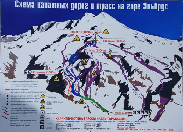 Схема канатных дорог на Эльбрус от поляны Азау.