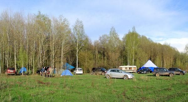 Наш палаточный лагерь в первые дни выезда в промежутках между дождями. Деревья еще голые, но зеленая "дымка" уже появилась.
